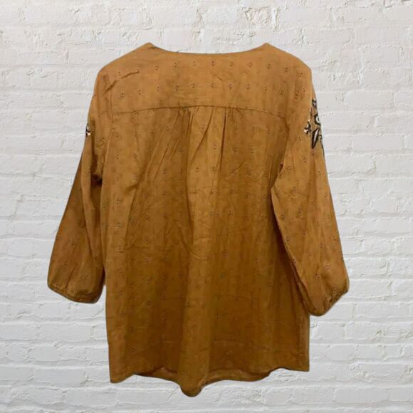 Dressbarn L Mustard Boho Embroidered Peasant Blouse Tassel - Picture 3 of 11